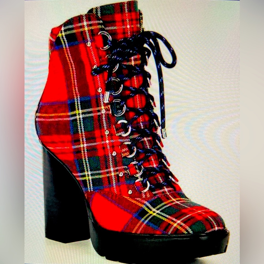 Gianni Bini Ambelynn Plaid Heeled Hiker Lug Sole Combat Bootie Lace Up Boot
